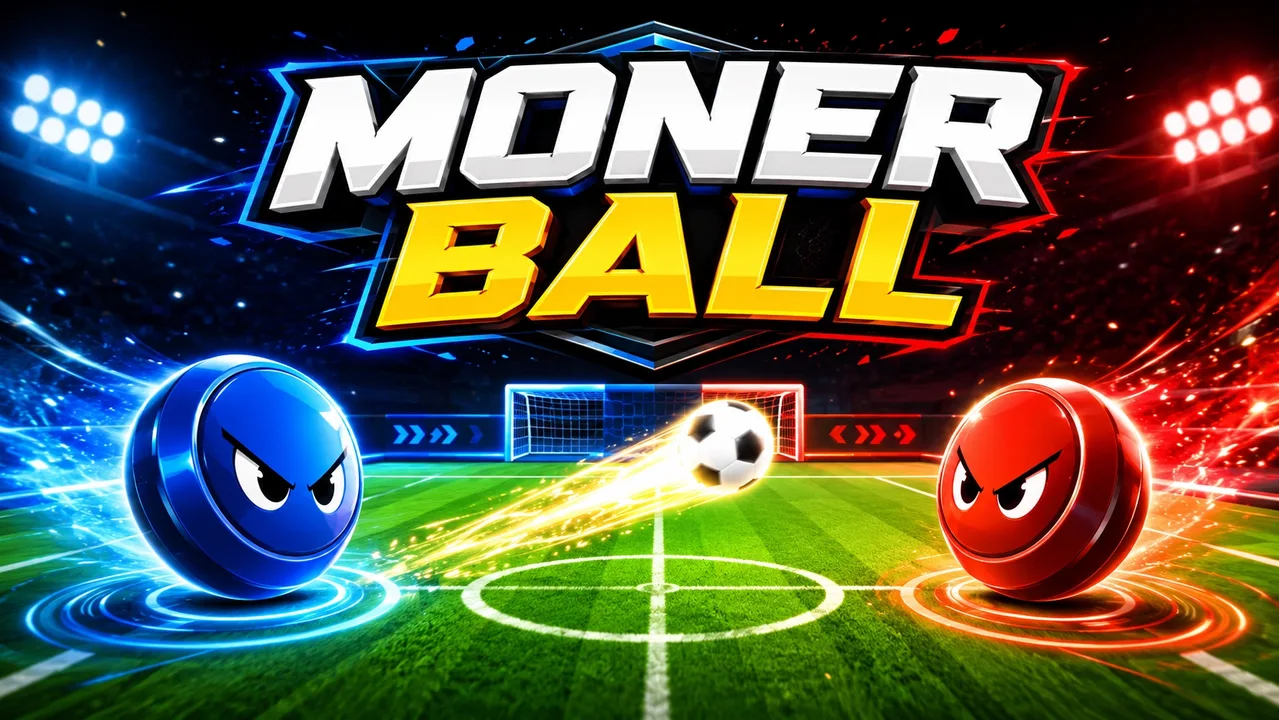 Siyah futbol sahasında mavi ve kırmızı yuvarlak oyuncuların beyaz topu rakip kaleye göndermek için mücadele ettiği, skor tabelaları ve iki kale bulunan MONER BALL iki kişilik futbol oyunu ekranı.