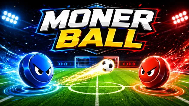 Siyah futbol sahasında mavi ve kırmızı yuvarlak oyuncuların beyaz topu rakip kaleye göndermek için mücadele ettiği, skor tabelaları ve iki kale bulunan MONER BALL iki kişilik futbol oyunu ekranı.