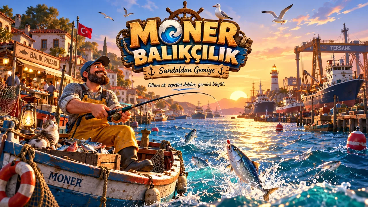 3B Moner Limanı'ndan küçük sandalıyla denize açılan balıkçının oltayla balık tuttuğu, sepetini doldurduğu, balık satış iskelesine döndüğü ve kazandığı parayla daha büyük balıkçı teknelerine yükseldiği Moner Balıkçılık oyun ekranı.