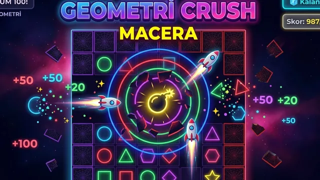 Geometri Crush oyununda renkli daire, kare, üçgen, yıldız ve elmas şekilleriyle duvarların eşleştirilerek kırıldığı 8×8 bulmaca tahtası.