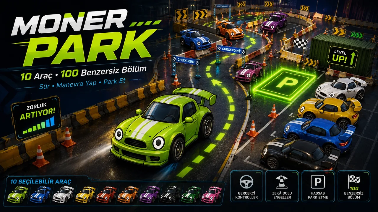 Modern bir park alanında seçilebilir otomobille dar yollar, sıralı araçlar, koniler, hareketli trafik, köprüler ve yeşil park alanları arasında ilerlenen Moner Park araba park etme oyunu ekranı.