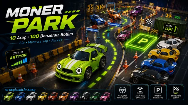 Modern bir park alanında seçilebilir otomobille dar yollar, sıralı araçlar, koniler, hareketli trafik, köprüler ve yeşil park alanları arasında ilerlenen Moner Park araba park etme oyunu ekranı.