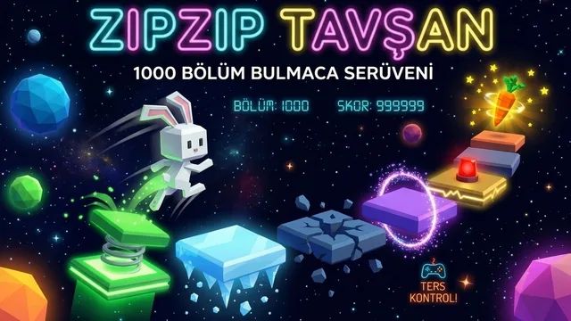 Zıplayan Tavşan Bulmacası oyununda renkli platformlar üzerinde havuca ulaşmaya çalışan 3D beyaz tavşan.