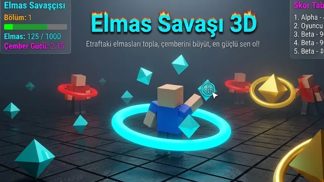 Elmas Savaşı 3D oyununda mavi enerji çemberiyle elmas toplayan oyuncu ve kırmızı çemberli yapay zekâ savaşçıları.