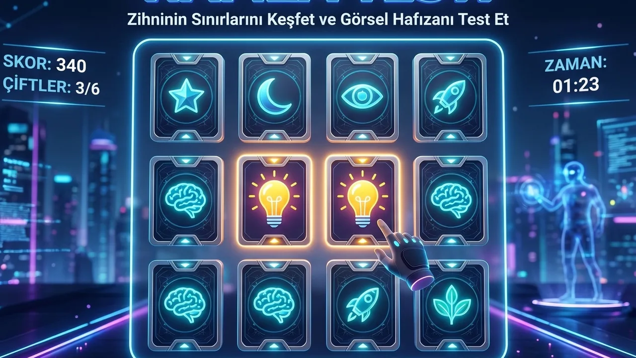 Neon ışıklı koyu oyun ekranında farklı hayvan, nesne ve bayrak emojilerinin bulunduğu üç boyutlu kartların ezberlenerek sırayla açıldığı hafıza oyunu.