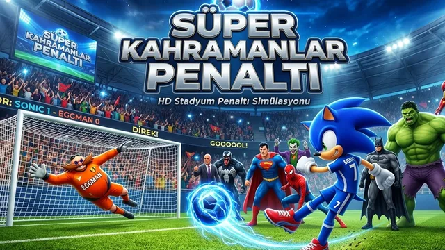 Kavisli Penaltı oyununda dolu stadyum önünde kaleye falso vererek şut çeken futbolcu ve topa uzanan kaleci.