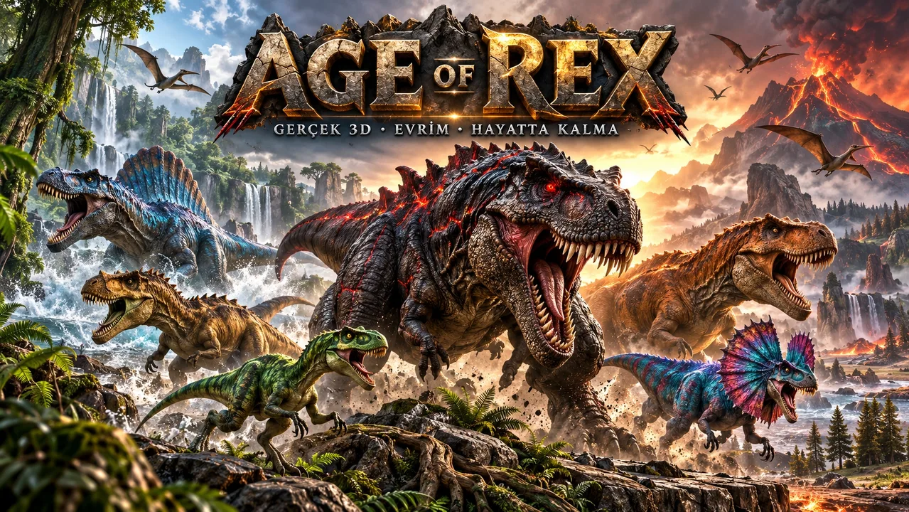 Geniş ve gerçek 3B tarih öncesi dünyada Velociraptor’dan T-Rex ve Hard T-Rex’e evrimleşen dinozorların kayalıklar, ağaçlar ve uçan tarih öncesi sürüngenler arasında yiyecek topladığı ve birbirleriyle savaştığı Age of Rex oyun ekranı.
