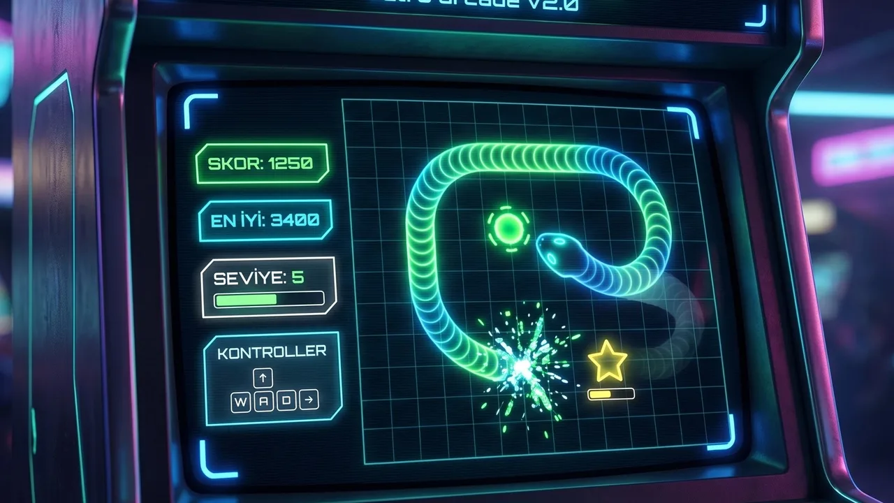 Karanlık kareli oyun alanında yeşil neon yılanın parlayan yemleri topladığı, skor ve seviye göstergelerinin bulunduğu retro arcade yılan oyunu.