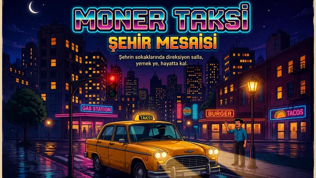 Üstten görünümlü şehir haritasında müşterileri taşıyan sarı Moner Taksi’nin trafik ışıkları, benzin istasyonları, restoranlar ve görev hedefleri arasında ilerlediği sürüş simülasyonu.
