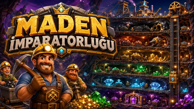 Renkli yeraltı madeninde kazmalarıyla Kömür, Demir, Altın, Zümrüt ve Elmas çıkaran madenciler, cevher taşıyan maden arabaları, çok katlı asansör sistemi ve geliştirme panelinin bulunduğu Maden İmparatorluğu oyun ekranı.