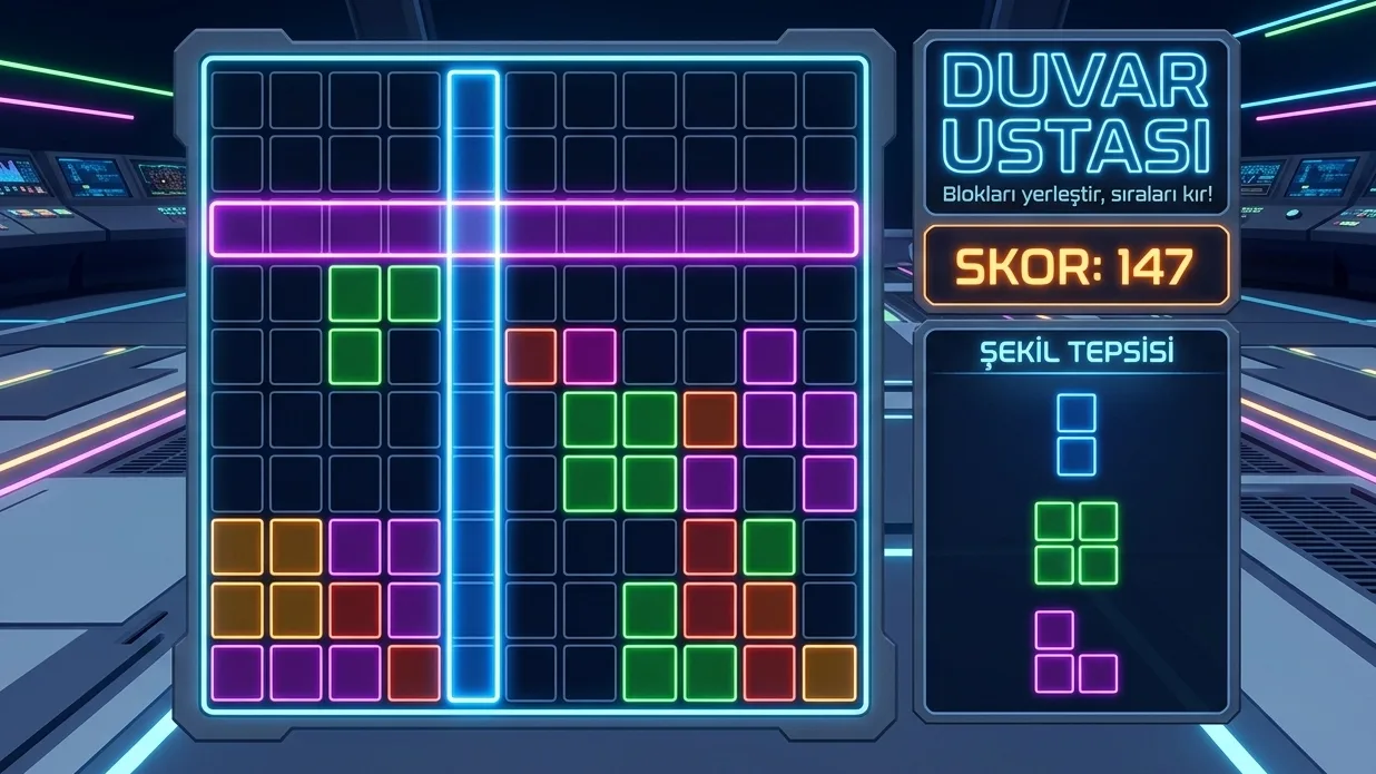 Duvar Ustası oyununda 10×10 kare tahta üzerine sürüklenerek yerleştirilen renkli L, çizgi, kare ve T şeklindeki blok parçaları.
