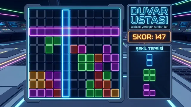 Duvar Ustası oyununda 10×10 kare tahta üzerine sürüklenerek yerleştirilen renkli L, çizgi, kare ve T şeklindeki blok parçaları.