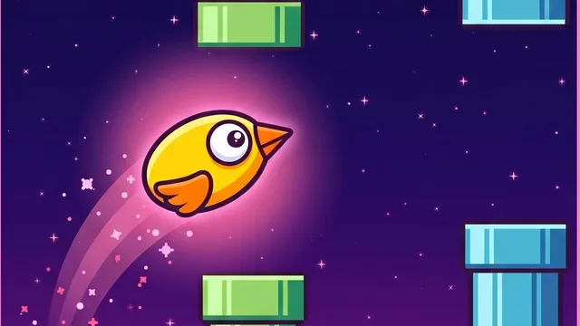 Frisbie Bird oyununda neon uzay arka planında renkli boruların arasından uçan sarı kuş.