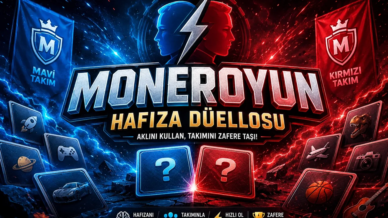 Koyu lacivert arka plan üzerinde mavi ve kırmızı takımın sayılar, meyveler, hayvanlar, semboller ve emojilerden oluşan kart çiftlerini eşleştirerek yarıştığı Hafıza Düellosu oyun ekranı.