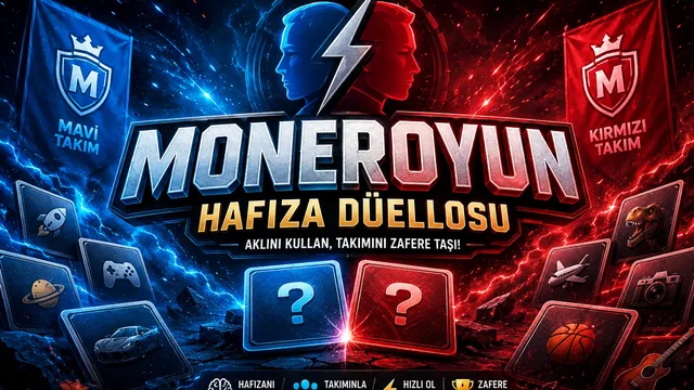 Koyu lacivert arka plan üzerinde mavi ve kırmızı takımın sayılar, meyveler, hayvanlar, semboller ve emojilerden oluşan kart çiftlerini eşleştirerek yarıştığı Hafıza Düellosu oyun ekranı.