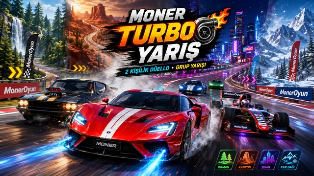Uzun ve virajlı yarış pistinde renkleri özelleştirilebilen spor arabaların turbo bölgelerinden geçtiği, MonerOyun pankartları ve bayrak sallayan seyircilerin bulunduğu Moner Turbo Yarış oyun ekranı.