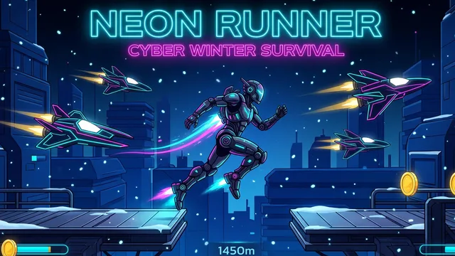 Türkçe: Karlı neon siber şehirde koşan robotun platform boşluklarından atladığı, lazerlerin altından kaydığı ve altın jetonlar topladığı sonsuz koşu oyunu.  English: An endless runner game showing a robot jumping over platform gaps, sliding under lasers,