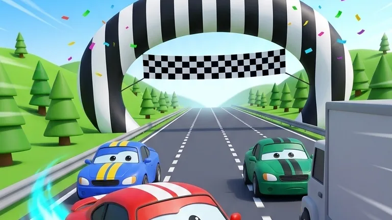 3D Otoban yarış oyununda altı şeritli yolda rakip araçlar, trafik, kamyonlar, hız göstergesi ve NOS güçlendirmeleri.
