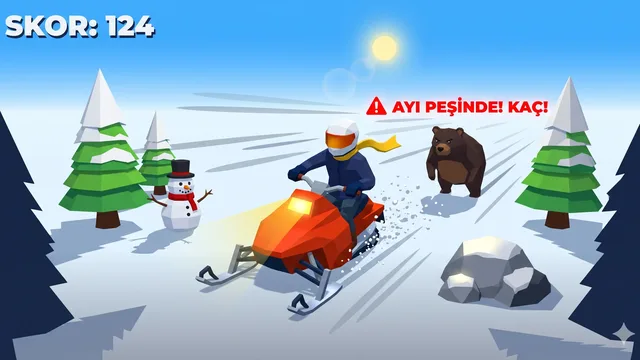 Karlı bir dağ yamacında kırmızı kar motoruyla ağaçlardan, kayalardan ve kardan adamlardan kaçan, arkasından kızgın bir ayının kovaladığı düşük poligon görünümlü arcade oyunu.