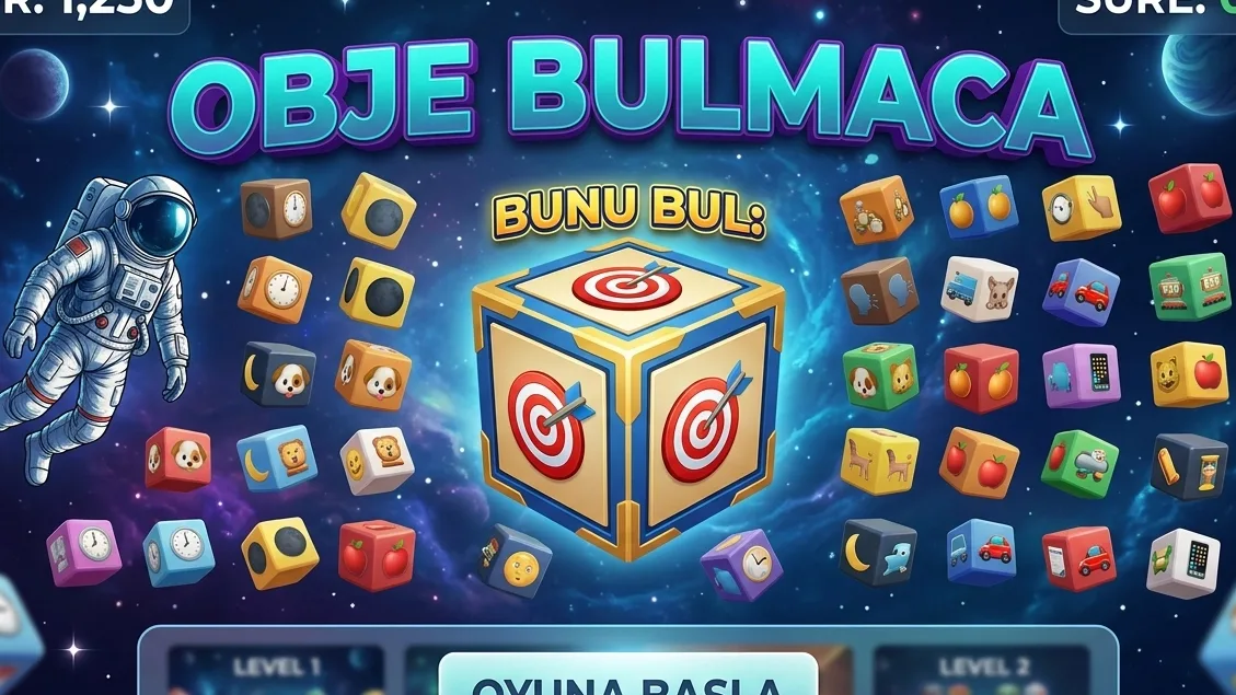 Uzayda Obje Bul oyununda dönen 3D küpler arasındaki hedef emoji ve benzer sembolleri arayan oyuncu ekranı.
