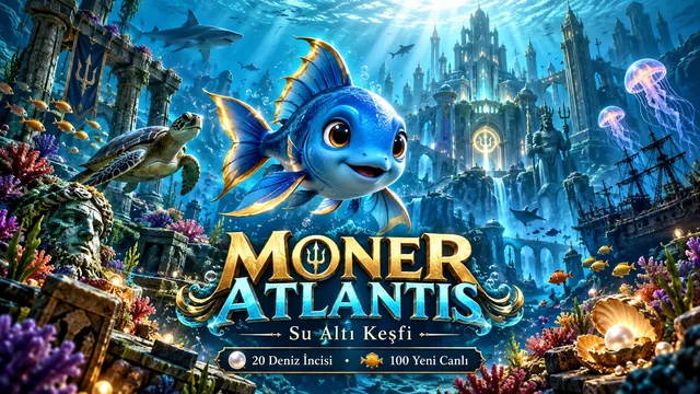 Geniş 3B Atlantis okyanusunda yüzen mavi balık kahramanın mercan resifleri, antik su altı şehirleri, batık gemiler, dev kayalar, deniz canlıları ve gizli deniz incileri arasında keşif yaptığı Moner Atlantis oyun ekranı.