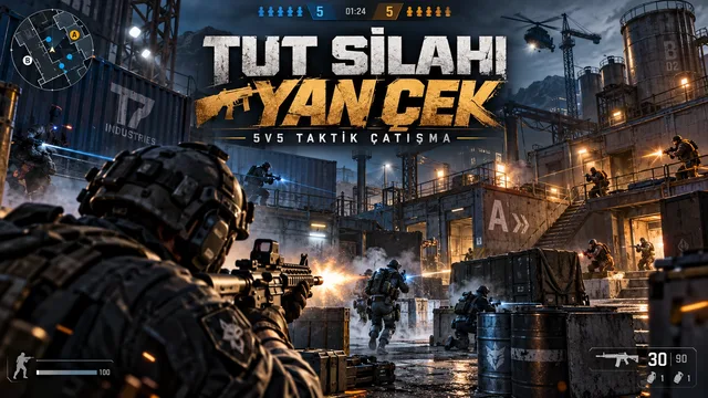 Endüstriyel 3B savaş alanında Mavi Takım ve Kehribar Takım askerlerinin saldırı tüfekleri, keskin nişancı silahları, el bombaları ve sis bombalarıyla 5v5 taktik çatışmaya girdiği Tut Silahı Yan Çek FPS oyunu.