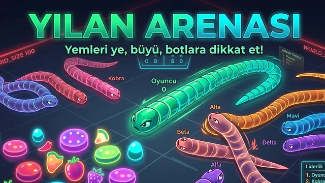 Yılan Arenası oyununda renkli yemleri toplayarak büyüyen yeşil oyuncu yılanı ve yapay zekâ kontrollü rakip yılanlar.
